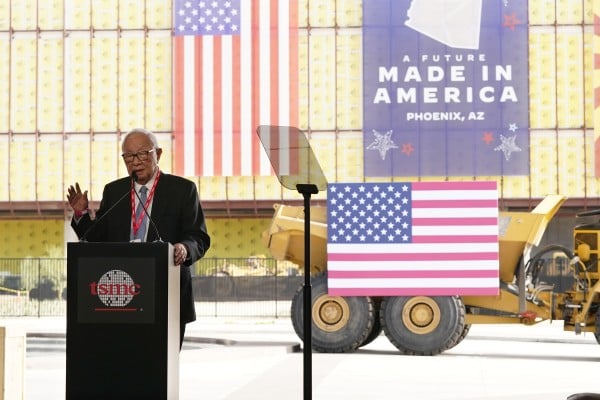 Morris Chang, founder of Taiwan Semiconductor Manufacturing Company (TSMC), gives a speech at the company’s production site in Phoenix, Arizona, in 2022. The firm has now bought a second tract of land adjoining the site. Photo: AP Morris Chang, founder of Taiwan Semiconductor Manufacturing Company (TSMC), gives a speech at the company’s production site in Phoenix, Arizona, in 2022. The firm has now bought a second tract of land adjoining the site. Photo: AP