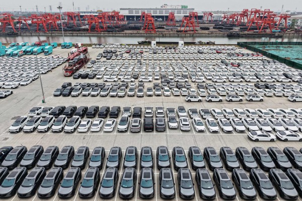 Electric vehicles for export are seen at a port in Hangzhou, in eastern China’s Zhejiang province on April 2, 2025. Photo: AFP