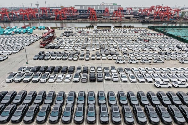 Electric vehicles for export are seen at a port in Hangzhou, in eastern China’s Zhejiang province on April 2, 2025. Photo: AFP Electric vehicles for export are seen at a port in Hangzhou, in eastern China’s Zhejiang province on April 2, 2025. Photo: AFP