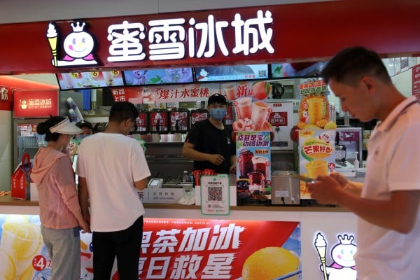 Bubble tea chain Mixue Bingcheng joined the ranks of China’s top 100 listed companies in the first half of last year. Photo: Reuters Bubble tea chain Mixue Bingcheng joined the ranks of China’s top 100 listed companies in the first half of last year. Photo: Reuters