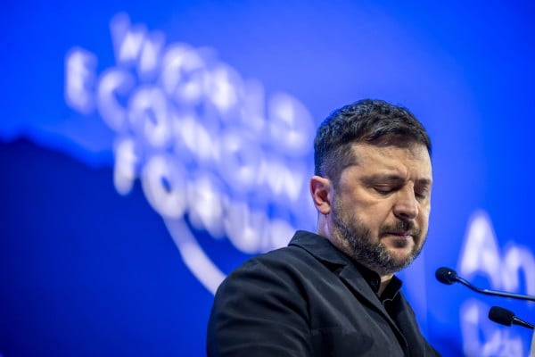Ukraine’s President Volodymyr Zelensky speaks at the World Economic Forum in Davos, Switzerland, on Thursday. Photo: Keystone via AP Ukraine’s President Volodymyr Zelensky speaks at the World Economic Forum in Davos, Switzerland, on Thursday. Photo: Keystone via AP