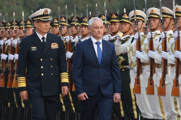 Chinese Defence Minister Dong Jun and his Russian counterpart Andrei Belousov inspect an honour guard during a welcoming ceremony in Beijing in October 2024. Photo: EPA-EFE Chinese Defence Minister Dong Jun and his Russian counterpart Andrei Belousov inspect an honour guard during a welcoming ceremony in Beijing in October 2024. Photo: EPA-EFE