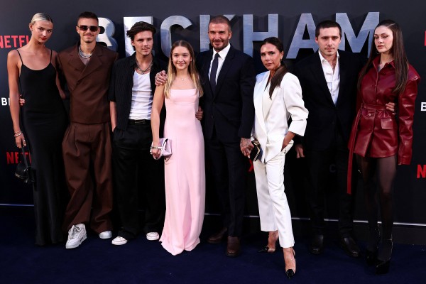 (From left) David Beckham, Victoria Beckham, Brooklyn Beckham and Nicola Peltz attend the premiere of the Netflix documentary “Beckham” in London on October 3, 2023. Brooklyn Beckham has said he does not want to reconcile with his parents after a family rift he described on social media on January 19. Photo: AFP