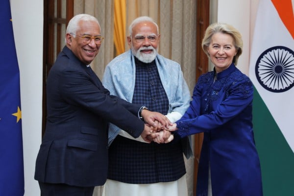 The European Council president, Antonio Costa (left); the European Commission president, Ursula von der Leyen (right); and Indian Prime Minister Narendra Modi pose ahead of their meeting in New Delhi on Tuesday. Photo: Reuters The European Council president, Antonio Costa (left); the European Commission president, Ursula von der Leyen (right); and Indian Prime Minister Narendra Modi pose ahead of their meeting in New Delhi on Tuesday. Photo: Reuters