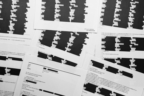 An email chain illustrates the extensive redactions applied by the US Department of Justice to some Jeffrey Epstein documents. Photo: AP
