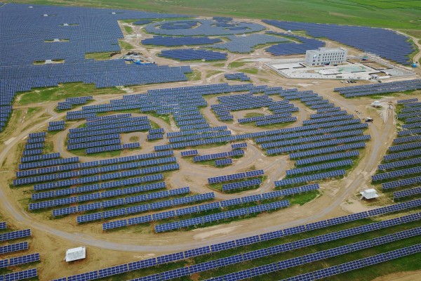 An aerial view of the Datong Panda Power Plant, where solar panels form massive panda patterns in Datong, Shanxi province. Photo: EPA