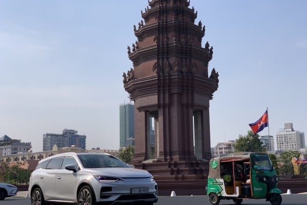 A BYD electric car travels on a road in Phnom Penh, Cambodia, on January 27. Photo: Xinhua