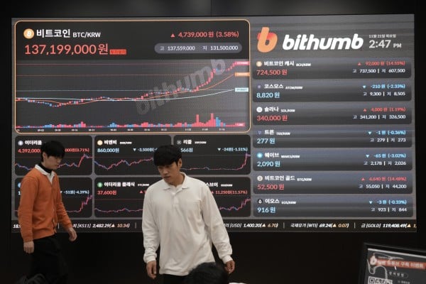 Bithumb employees pass by an electronic signboard displaying the prices of bitcoin at the cryptocurrency exchange in Seoul on November 21, 2024. Photo: AP