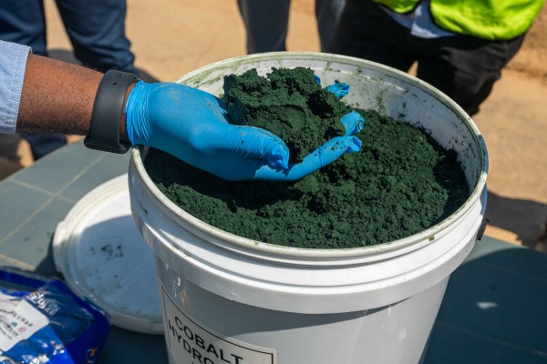 An employee of Chinese company CMOC holds a form of cobalt hydroxide produced at the Tenke Fungurume mine, one of the largest copper and cobalt mines in the world, in southeastern Democratic Republic of Congo, on June 17, 2023. Photo: AFP