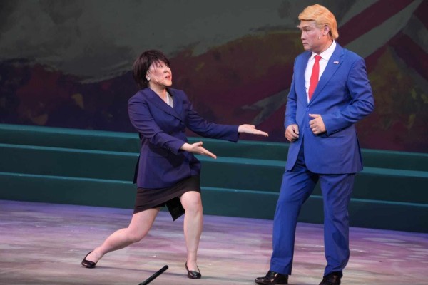 Elvina Kong (left) performs as Japanese politician Sanae Takaichi and Lung Koon-tin as US president Donald Trump on the opening night of the Trump on Show 4.0 at Sha Tin Town Hall in Hong Kong. Photo: Contemporary Drama Association Elvina Kong (left) performs as Japanese politician Sanae Takaichi and Lung Koon-tin as US president Donald Trump on the opening night of the Trump on Show 4.0 at Sha Tin Town Hall in Hong Kong. Photo: Contemporary Drama Association