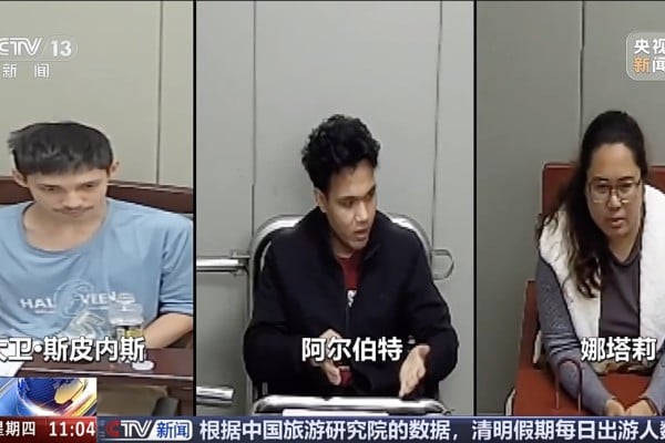 A screen grab from China’s CCTV news footage shows (from left) David Servañez, Albert Endencia and Nathalie Plizardo, the three Philippine nationals arrested on suspicion of spying in China. Photo: CCTV A screen grab from China’s CCTV news footage shows (from left) David Servañez, Albert Endencia and Nathalie Plizardo, the three Philippine nationals arrested on suspicion of spying in China. Photo: CCTV