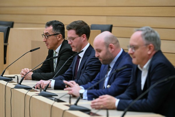 Candidates in the Baden-Wurttemberg state election attend a press conference in Stuttgart after the release of exit polls on March 8. Photo: AFP Candidates in the Baden-Wurttemberg state election attend a press conference in Stuttgart after the release of exit polls on March 8. Photo: AFP