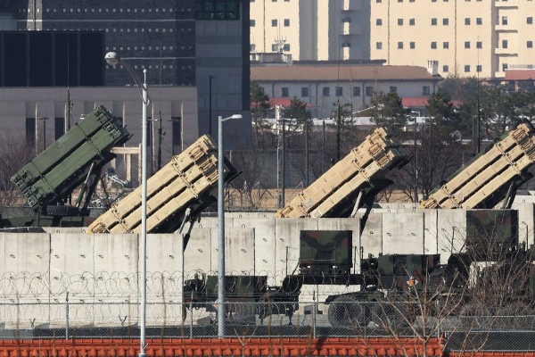 Patriot missile launchers are seen deployed at a US military base in Pyeongtaek, South Korea, on Sunday. Photo: Yonhap/AFP