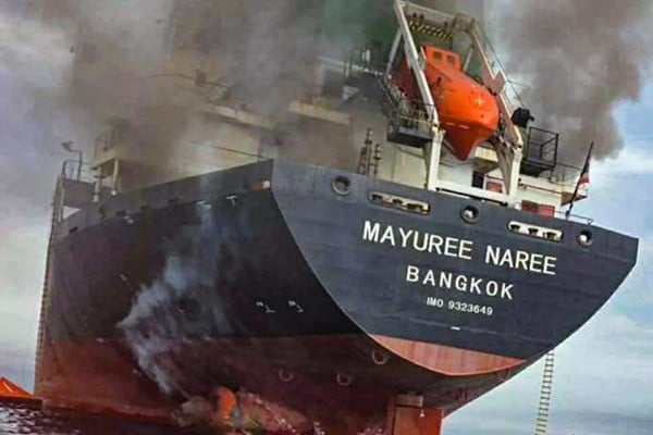 The Thai‑flagged cargo ship Mayuree Naree smoulders after being hit by Iranian missiles in the Strait of Hormuz on Wednesday. Photo: EPA/Royal Thai Navy The Thai‑flagged cargo ship Mayuree Naree smoulders after being hit by Iranian missiles in the Strait of Hormuz on Wednesday. Photo: EPA/Royal Thai Navy