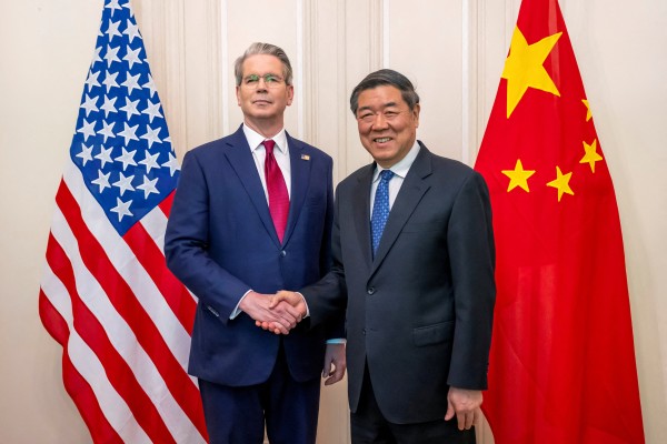 US Treasury Secretary Scott Bessent, left, shakes hands with Chinese Vice-Premier He Lifeng during trade talks in Geneva, Switzerland, last year. The two officials are set to lead another round of talks in Paris this weekend. Photo: Reuters