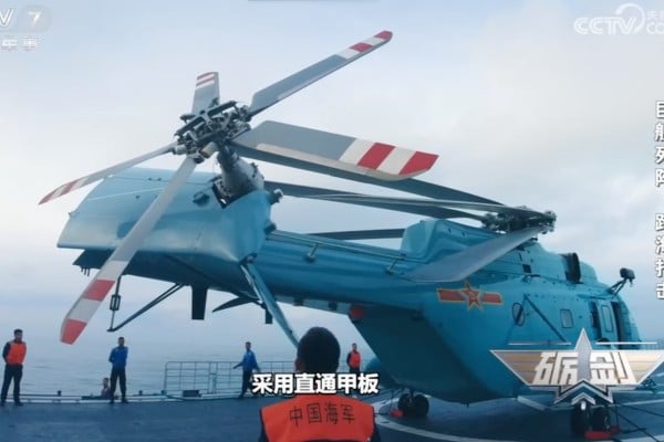 Thursday’s footage showed a lightweight uncrewed helicopter with folding rotors and appearing to be slightly smaller than the PLA’s main shipborne helicopter, the Z-20 Photo: CCTV Thursday’s footage showed a lightweight uncrewed helicopter with folding rotors and appearing to be slightly smaller than the PLA’s main shipborne helicopter, the Z-20 Photo: CCTV