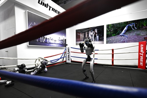 Humanoid robots by Unitree Robotics on display at the Mobile World Congress in Barcelona on March 3, 2026, where Chinese firms showcased advances in AI and mobile technology. Photo: Xinhua