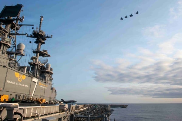 The USS Tripoli carries F-35 stealth fighters and MV-22 Osprey transports as well as landing craft to move troops ashore. Photo: Handout The USS Tripoli carries F-35 stealth fighters and MV-22 Osprey transports as well as landing craft to move troops ashore. Photo: Handout