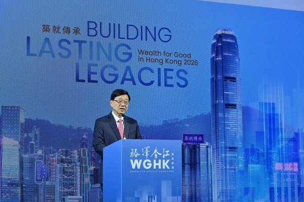 Chief Executive John Lee speaks at the principal dinner of the Wealth for Good in Hong Kong Summit on Monday evening. Photo: Handout