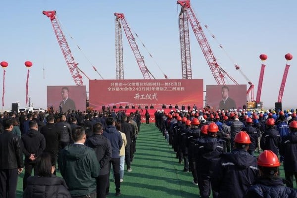 Construction has begun on the world’s largest coal-to-ethylene glycol project in Xinjiang’s Turpan prefecture, according to state media. Photo: CCTV Construction has begun on the world’s largest coal-to-ethylene glycol project in Xinjiang’s Turpan prefecture, according to state media. Photo: CCTV