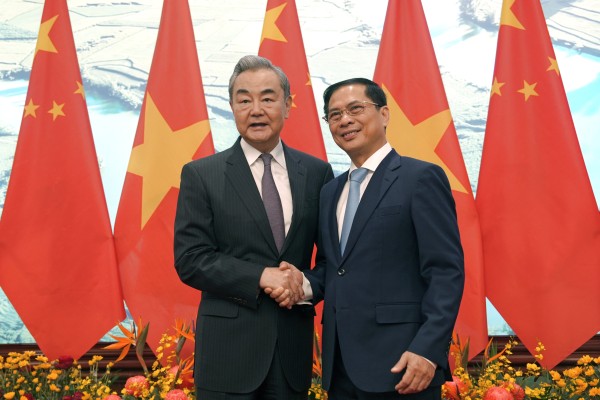 Chinese Foreign Minister Wang Yi with Vietnamese counterpart Bui Thanh Son, in Hanoi on March 17. They co-chaired a meeting on bilateral cooperation. Photo: Xinhua