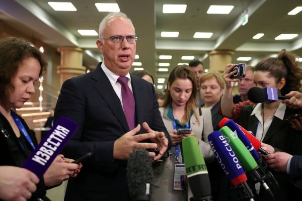 Kirill Dmitriev, the Russian presidential envoy, speaks to the media in Moscow on March 26. Photo: Reuters Kirill Dmitriev, the Russian presidential envoy, speaks to the media in Moscow on March 26. Photo: Reuters