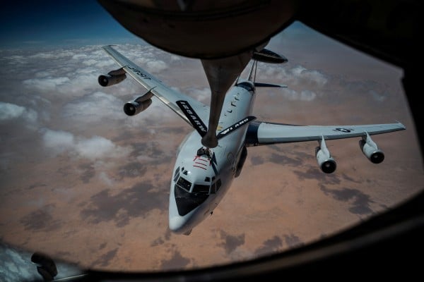 A US Air Force E-3 Sentry AWACS aircraft refuels from a KC-135 Stratotanker aircraft during a mission carried out late last month.
Photo: Reuters A US Air Force E-3 Sentry AWACS aircraft refuels from a KC-135 Stratotanker aircraft during a mission carried out late last month.
Photo: Reuters