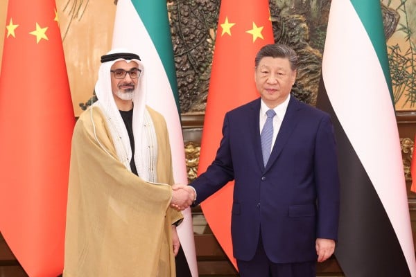 China’s President Xi Jinping welcomes Sheikh Khaled bin Mohamed bin Zayed Al Nahyan to Beijing on Tuesday. Photo: Reuters China’s President Xi Jinping welcomes Sheikh Khaled bin Mohamed bin Zayed Al Nahyan to Beijing on Tuesday. Photo: Reuters