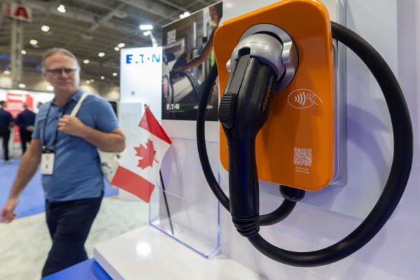 An electric vehicle charging device on display at the EV & Charging Expo 2026 in Toronto, Canada, on April 8. Photo: Xinhua