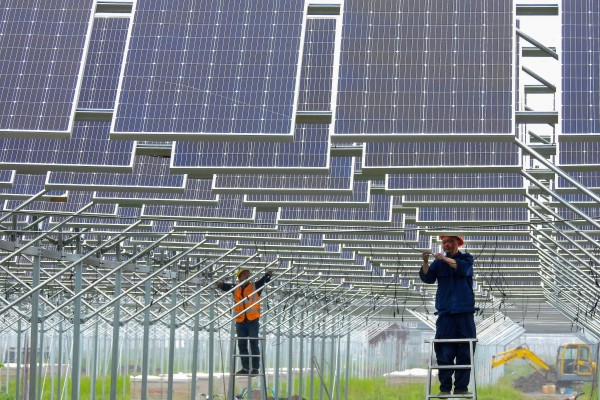 Workers install solar panels in China’s eastern Jiangsu province. Photo: Reuters