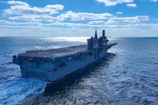 China’s first drone-carrying Type 076 amphibious assault ship, the Sichuan, on its maiden sea trial last November. Photo: CCTV China’s first drone-carrying Type 076 amphibious assault ship, the Sichuan, on its maiden sea trial last November. Photo: CCTV