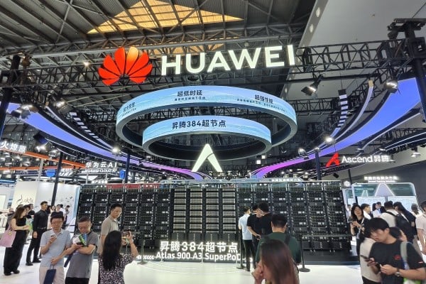 Huawei Ascend 384 supernode chips on display at the World Artificial Intelligence Conference in Shanghai, July 26, 2025. Photo: Costfoto/NurPhoto via Getty Images Huawei Ascend 384 supernode chips on display at the World Artificial Intelligence Conference in Shanghai, July 26, 2025. Photo: Costfoto/NurPhoto via Getty Images