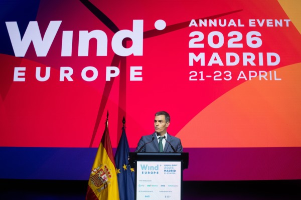Spanish Prime Minister Pedro Sanchez gives a speech at the WindEurope 2026 expo in Madrid on April 21. Photo: Getty Images