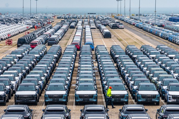 An aerial drone photo taken on April 10 shows vehicles to be exported at Yantai port in east China’s Shandong province. Photo: Xinhua