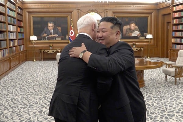 North Korean leader Kim Jong-un ((right) greets Russian Defence Minister Andrey Belousov with a hug in Pyongyang on Sunday. Photo: Russian Defence Ministry/EPA North Korean leader Kim Jong-un ((right) greets Russian Defence Minister Andrey Belousov with a hug in Pyongyang on Sunday. Photo: Russian Defence Ministry/EPA