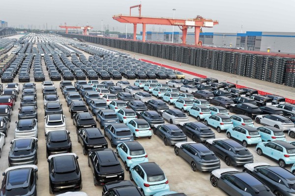 Large numbers of cars are lined up ready for export at a port in eastern China’s Jiangsu province. Photo: AFP
