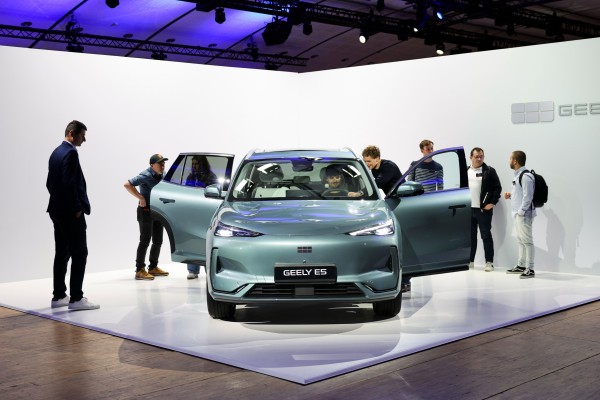 People view a Geely vehicle in Paris on Tuesday. Photo: Xinhua