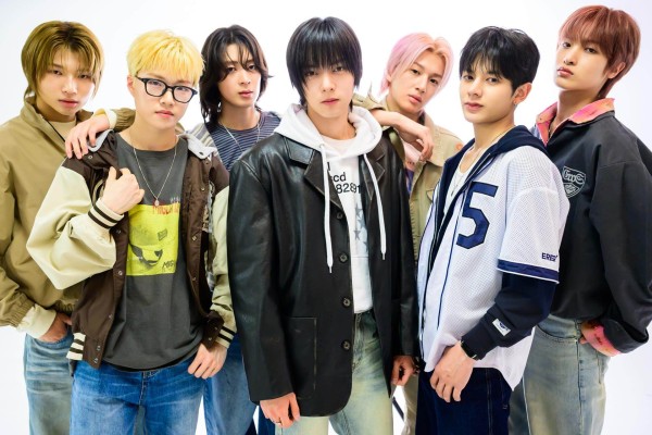 (From left) K-pop boy group Naze members Kaisei, Ato, Yuya, Dohyeok, Younki, Turn and Kimkun. The seven-member act released their self-titled debut mini-album on May 4. Photo: The Korea Times 
