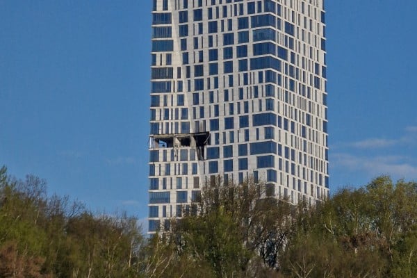 The damaged facade of the high-rise Moscow building following the drone attack. Photo: Reuters The damaged facade of the high-rise Moscow building following the drone attack. Photo: Reuters