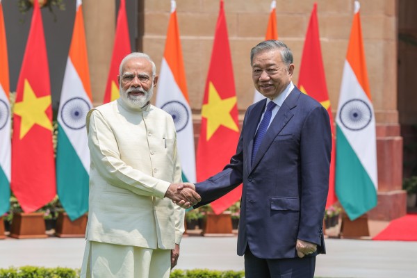 Indian Prime Minister Narendra Modi meets Vietnamese President To Lam before their talks at Hyderabad House in New Delhi on Wednesday. Photo: EPA