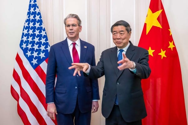 Vice-Premier He Lifeng (right) gestures alongside US Treasury Secretary Scott Bessent before a meeting to discuss trade relations and tariffs on May 10, 2025, just over one year ago. Photo: AFP Vice-Premier He Lifeng (right) gestures alongside US Treasury Secretary Scott Bessent before a meeting to discuss trade relations and tariffs on May 10, 2025, just over one year ago. Photo: AFP