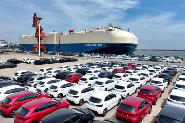 MG electric cars before being loaded onto a ship for export at the port in Lianyungang, Jiangsu province on April 29. Photo: CN-STR / AFP MG electric cars before being loaded onto a ship for export at the port in Lianyungang, Jiangsu province on April 29. Photo: CN-STR / AFP