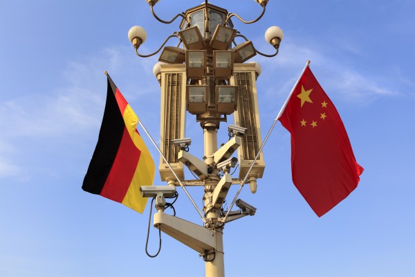 German and Chinese national flags flutter on a lamppost at Tiananmen Gate in Beijing. Photo: Shutterstock