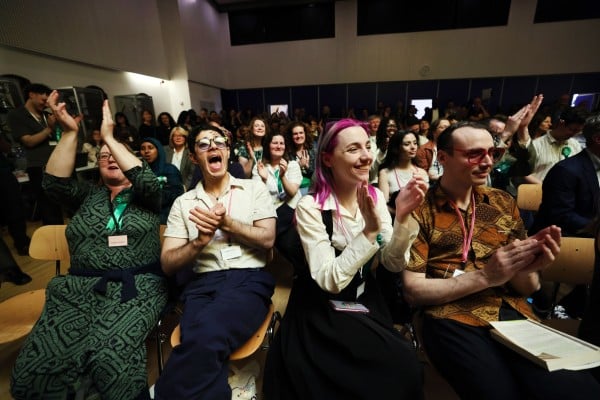 Members of the Green Party celebrate a win in Bellingham in south London on May 9. Photo: EPA Members of the Green Party celebrate a win in Bellingham in south London on May 9. Photo: EPA