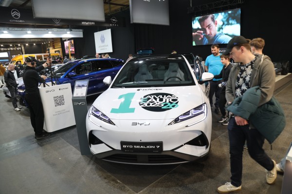 A BYD Sealion 7 on display at the Baltic Motor Show in Riga, Latvia, on April 24. Photo: EPA