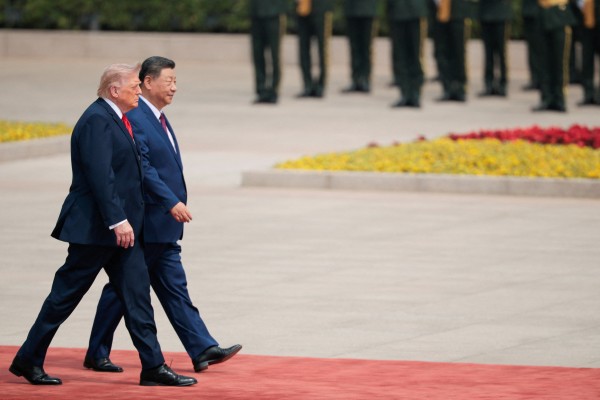 US President Donald Trump participates in a welcome ceremony with Chinese President Xi Jinping in Beijing on Thursday. Photo: Reuters