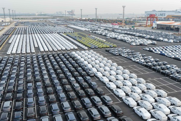 Chinese-made vehicles wait to be exported at a port in Jiangsu province on April 27. Photo: AFP