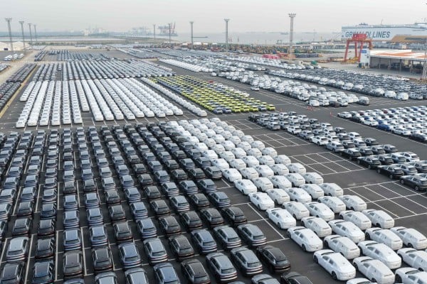 Chinese-made vehicles wait to be exported at a port in Jiangsu province on April 27. Photo: AFP Chinese-made vehicles wait to be exported at a port in Jiangsu province on April 27. Photo: AFP