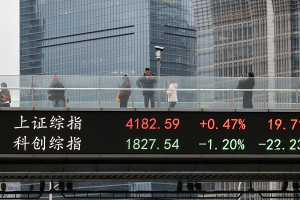 An electronic board shows stock prices in the Lujiazui financial district of Shanghai, China. Photo: Reuters