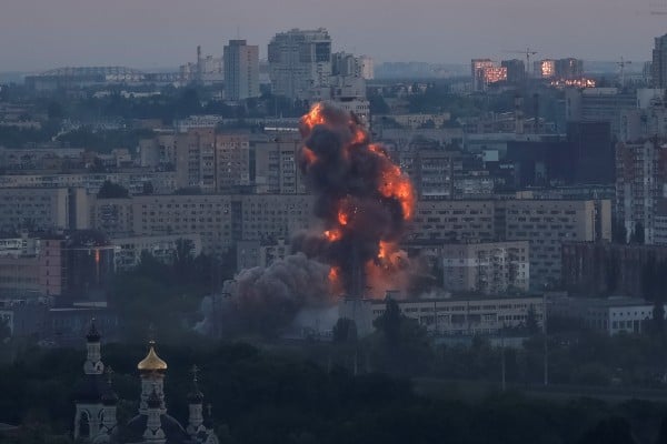 Fire and smoke rise following an explosion during a huge Russian missile and drone strike on Kyiv, Ukraine, on Sunday. Photo: Reuters Fire and smoke rise following an explosion during a huge Russian missile and drone strike on Kyiv, Ukraine, on Sunday. Photo: Reuters